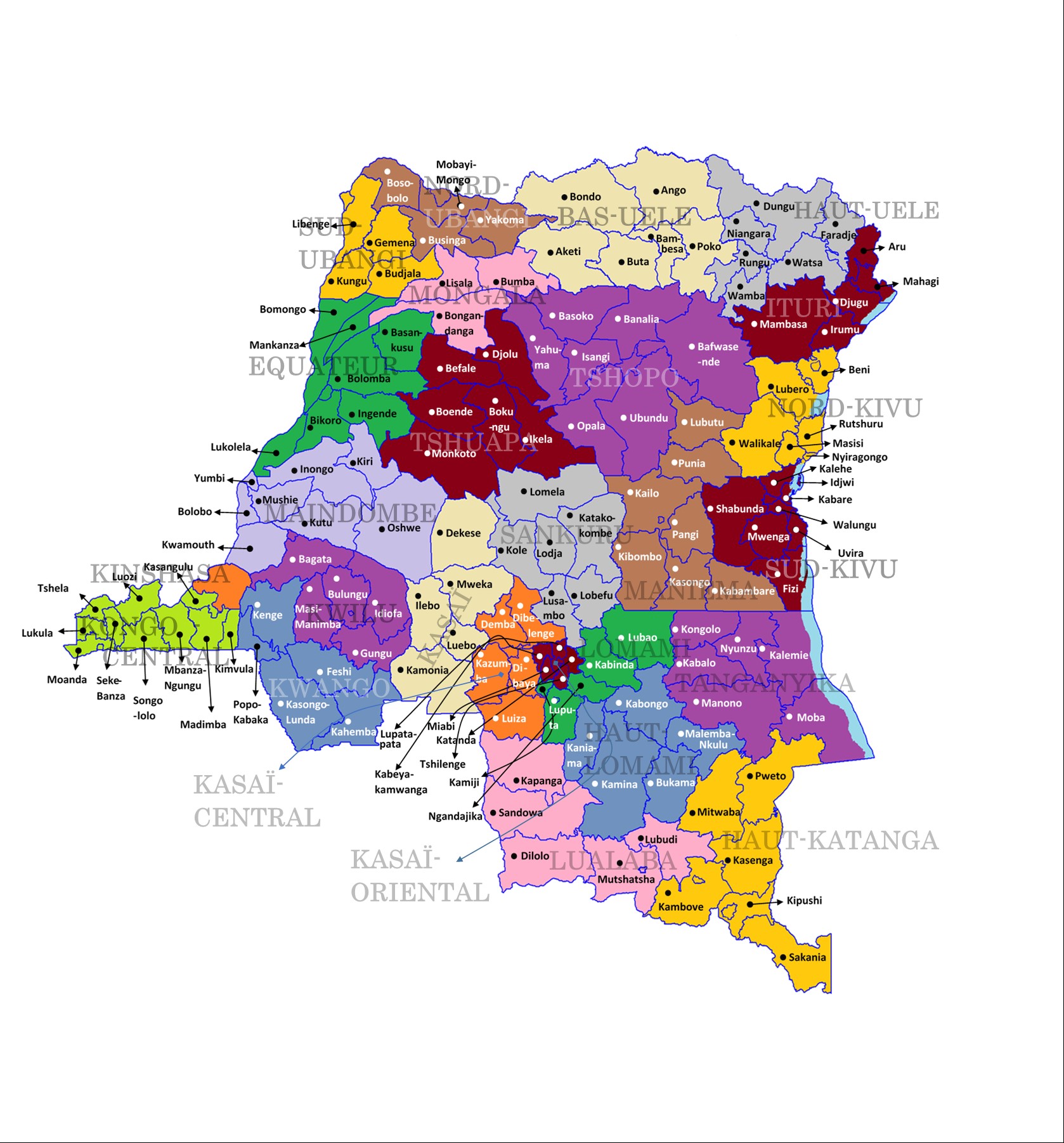 Carte administrative détaillée des 145 territoires de la République démocratique du Congo